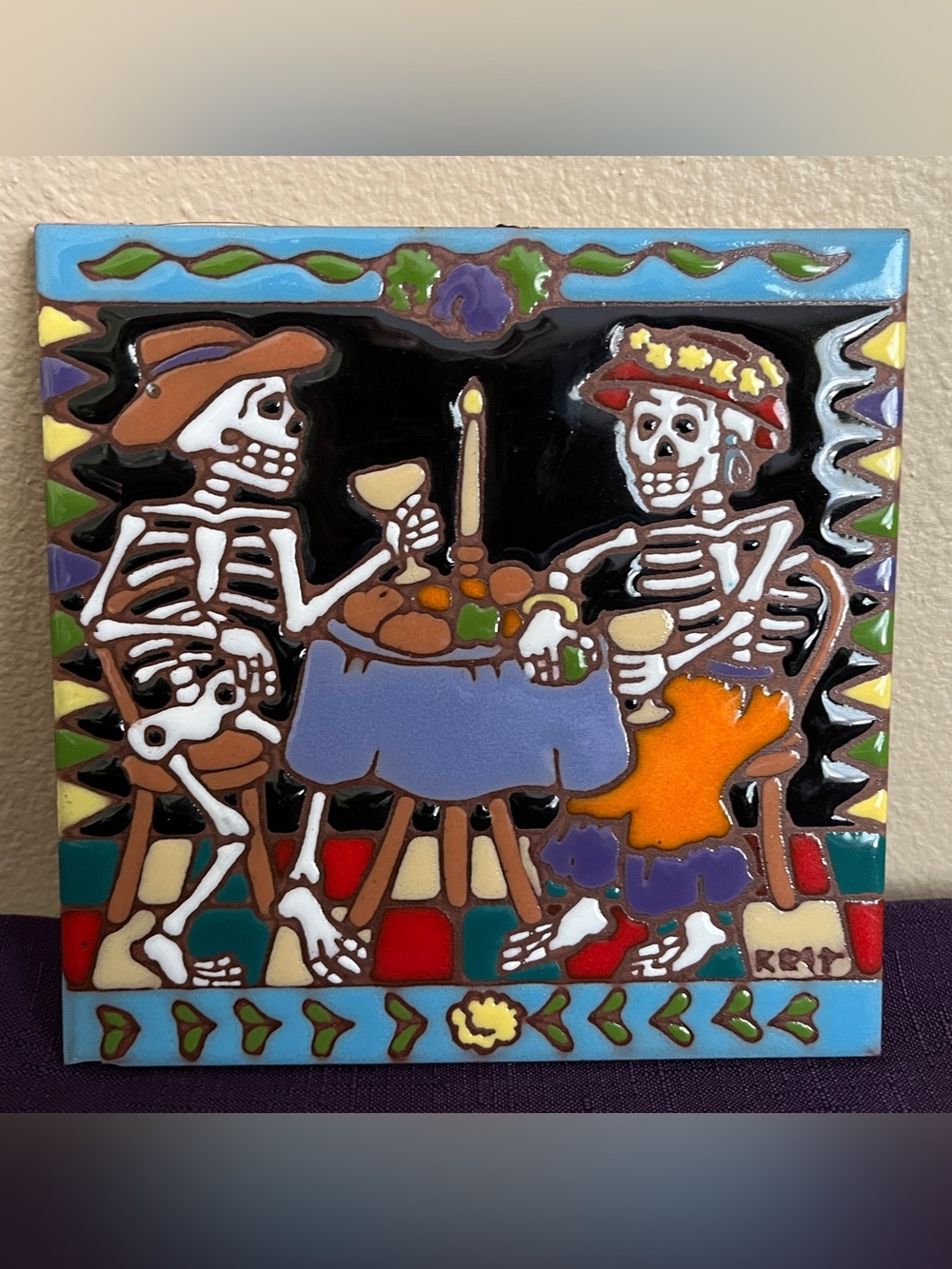 Day of the Dead Skeletons Ceramic Glazed Tile Signed Kent Talavera 1999
